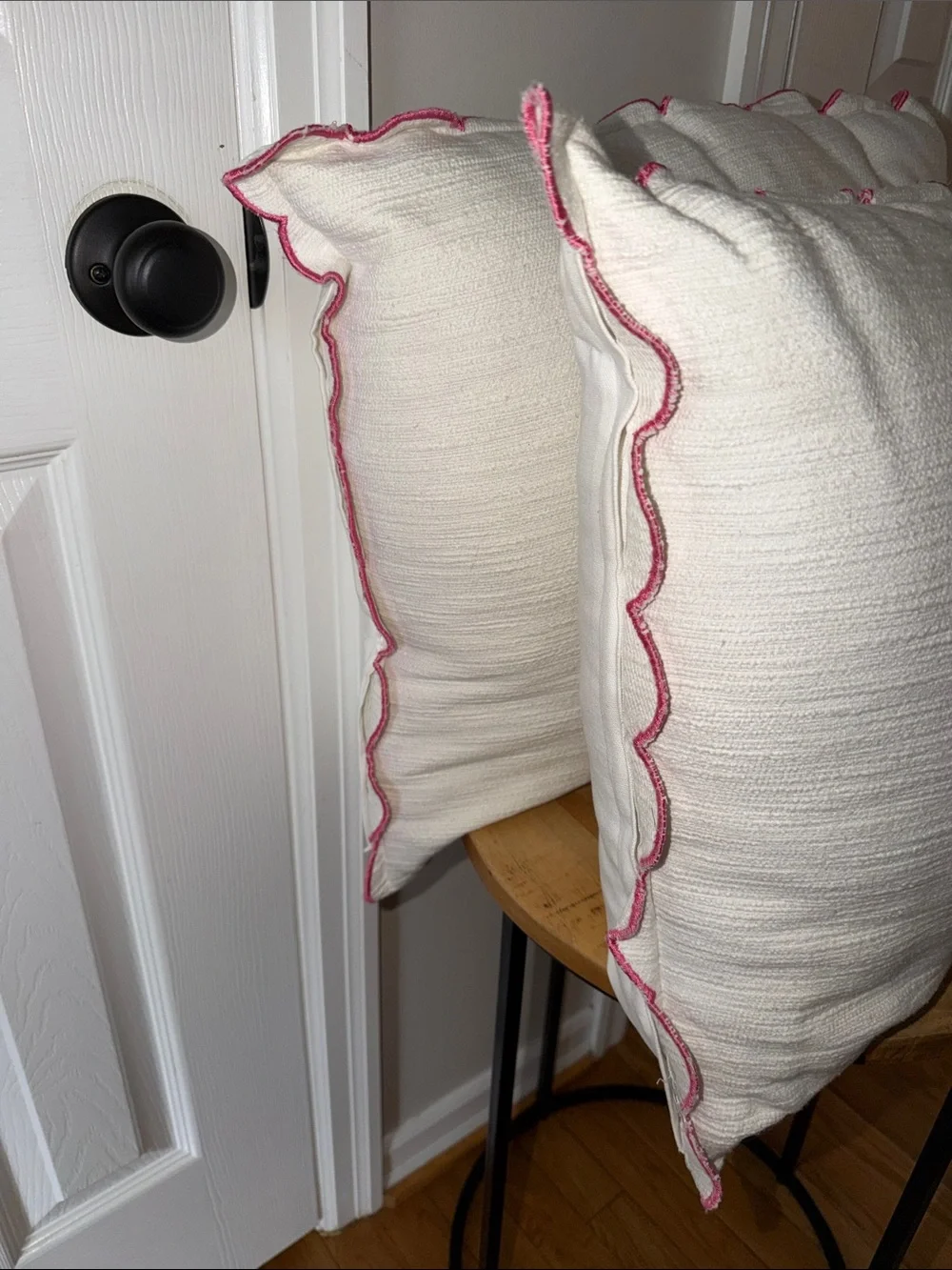 White Decorative Throw Pillows with Pink Scalloped Edge- Set of 2